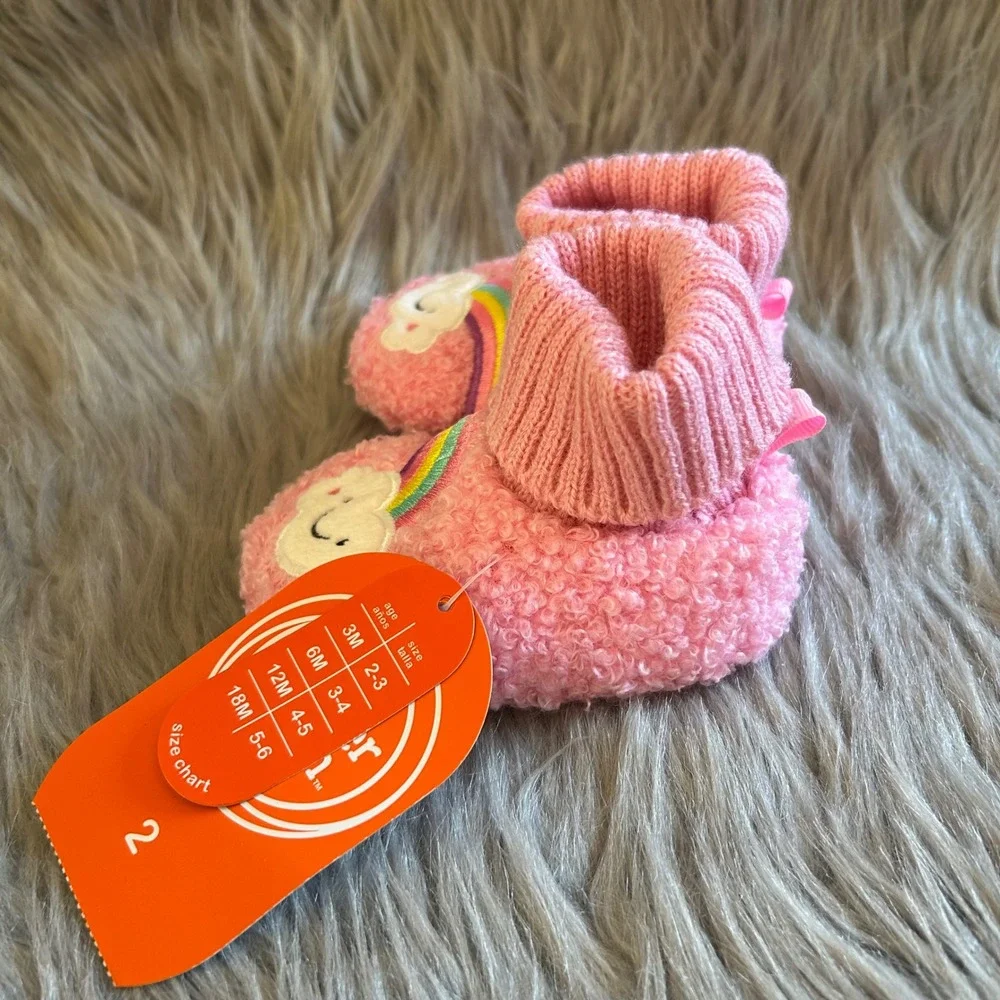 Wonder Nation Slippers Baby Girls Size 2 Pink Fuzzy Rainbow Shoes 18 Months